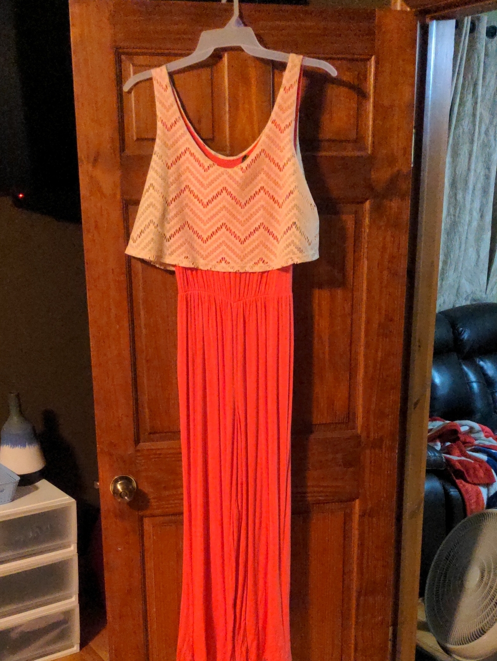 Coral Jumpsuit with White Crochet Overlay